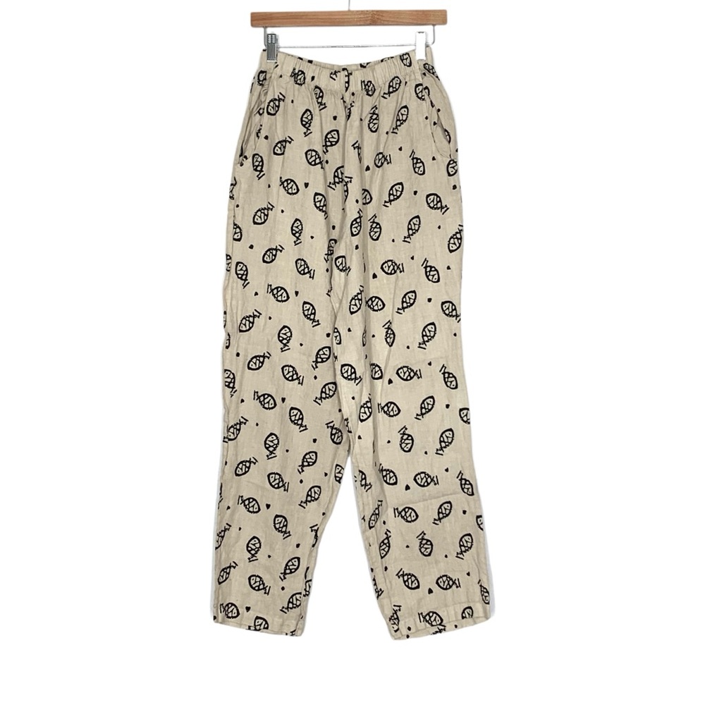Linen Wide Leg Pants Tropical Vibes Pull On Size Small Fish Tan Black
